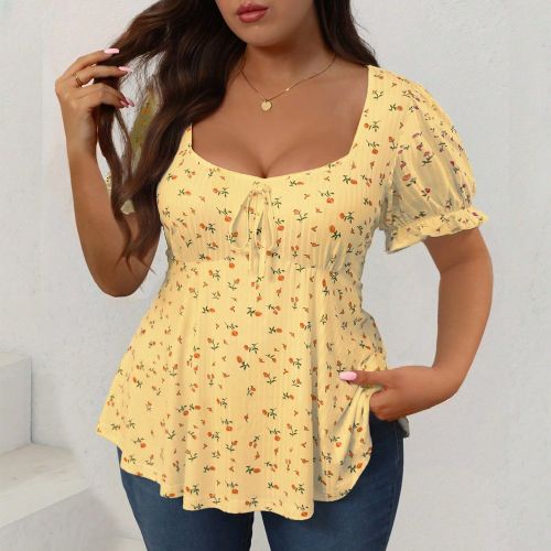 T-shirt fleuri à manches bouffantes courtes et taille nouée, tailles plus grandes, été - SHEIN - Modalova
