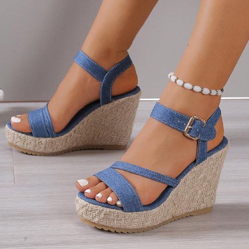Sandales compensées à plateforme tressée d'été bleuess, tailles du 35 au 43. Chaussures compensées rétro à boucle, avec une semelle épaisse e - SHEIN - Modalova