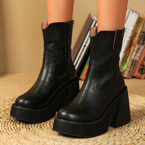 Bottes À Chevilles Avec Talon Compensé Brodé Et Semelle Épaisse À La Mode - SHEIN - Modalova