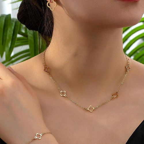 Set de collier avec chaîne florale évidée géométrique, bracelet avec chaîne florale évidée, boucles d'oreilles pendantes fleuries évidéess, - SHEIN - Modalova
