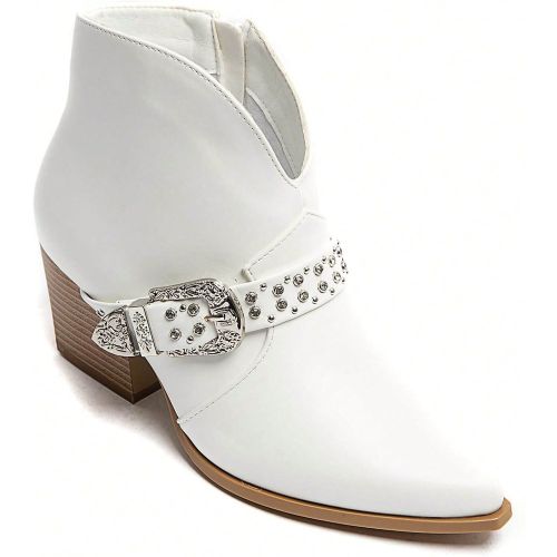 Bottines à talons carrés beiges avec boucle métallique et clous - Élégance western et confort garanti - SHEIN - Modalova