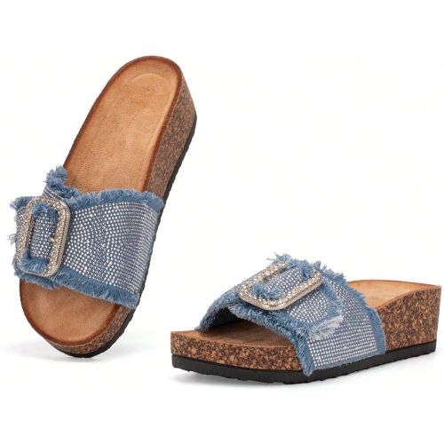 JOMIX Chaussons à talon épaiss avec semelle compensée et semelle tissée en liège avec boucle réglable, décoration diamantée, style bohème et - SHEIN - Modalova