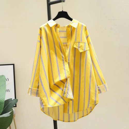 Chemisier à manches longuess, avec rayures, colorblocking et boutons, ourlet asymétrique. Top polyvalent du jour à la nuit - SHEIN - Modalova