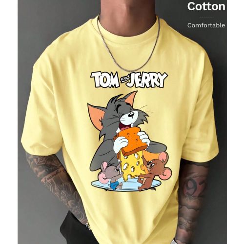T-shirt en coton côtelé, imprimé Tom et Jerry, style universitaire, nouvelle mode sportives printemps et été, haut jaune à manches courtess, dou - SHEIN - Modalova