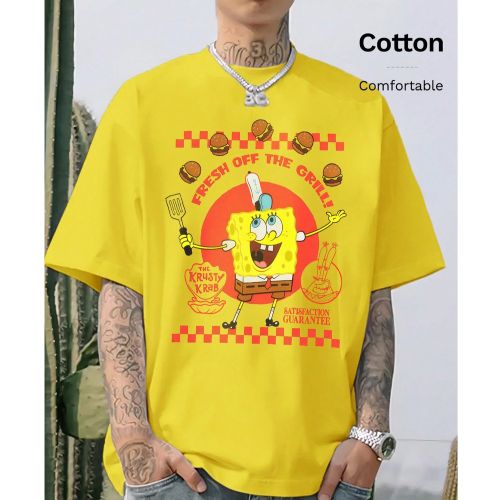 T-shirt en coton côtelé, imprimé Bob l'éponge, vêtements de sports de style universitaire printemps et été, hauts à manches courtes jaunes dou - SHEIN - Modalova