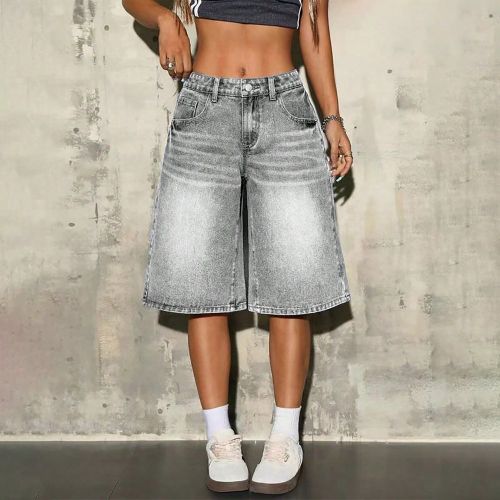 Short en jean bermuda à taille haute en grandes tailles, short en jean casual ample - SHEIN - Modalova
