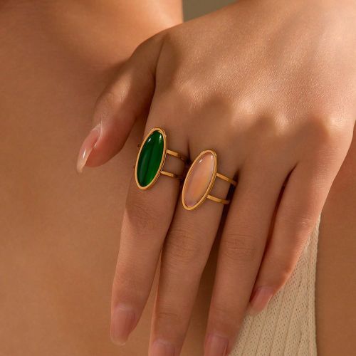 Pièces Anneaux ouverts en acier inoxydable dorés avec pierres précieuses roses et vert émeraude incrustées, convient aux s comme accessoire ou ca - SHEIN - Modalova
