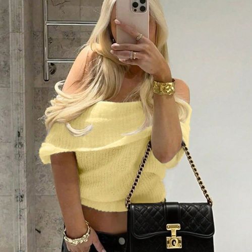 Nouveau pull court à col bateau minimaliste jaune printemps et été, t-shirt tricoté en jaune beurre à manches courtes pour les festivals de musiq - SHEIN - Modalova