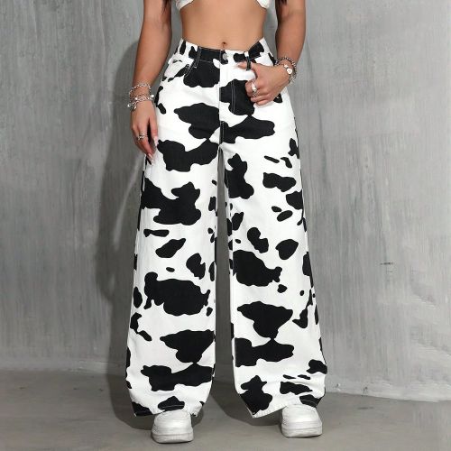Pantalon en jean casual ample à jambes larges avec insert imprimé vache - SHEIN - Modalova