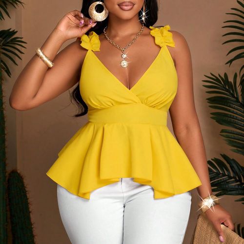 Chemise longue ample et décontractée à volantss grandes tailles pour le printemps et l'été, en couleur unie, avec bretelles asymétriques. Top à - SHEIN - Modalova