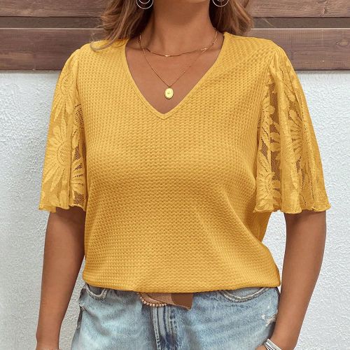 T-shirt oversize élégant avec manches volantées en tricot gaufré et patchwork - SHEIN - Modalova