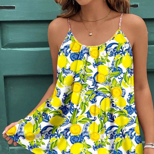 Top camisole et débardeur à imprimé floral citron élégant et décontracté, convient pour l'été, grande taille - SHEIN - Modalova