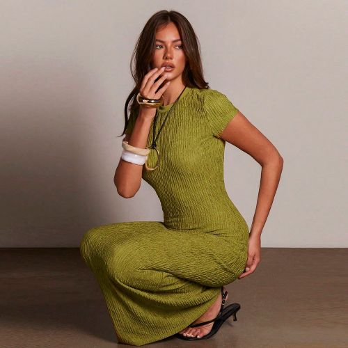 Robe longue à manches courtes en kaki froissé, tenue de vacances extensible - SHEIN - Modalova