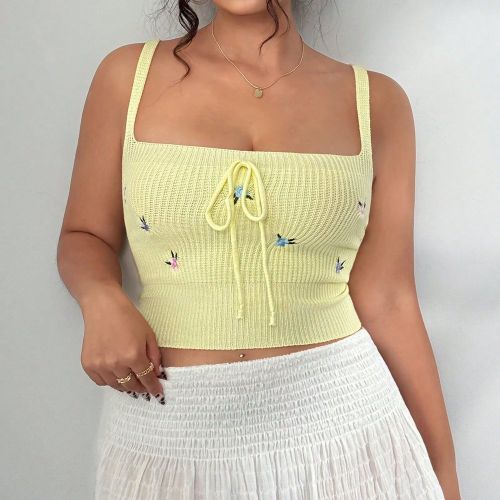 Top court sexy et fleuri brodé grande tailles, vêtements d'été sans manches pour la plage, la fête et le club - SHEIN - Modalova