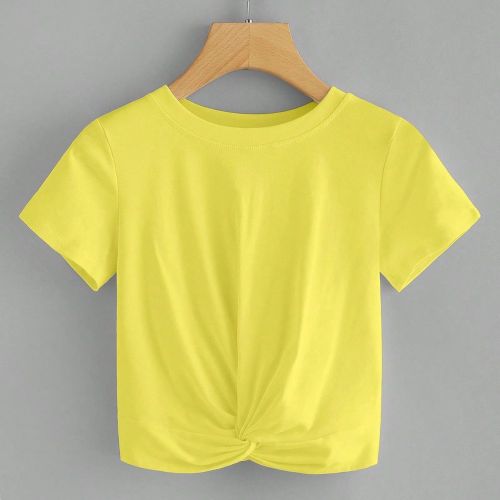 T-shirt décontracté d'été, col rond, manches courtes, couleur unie, ourlet torsadé - SHEIN - Modalova