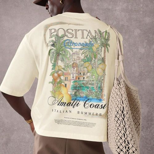 T-shirt court imprimé avec la côte italienne de Positano. Décontracté, streetwear, idéal pour les vacances méditerranéennes à la plage - SHEIN - Modalova