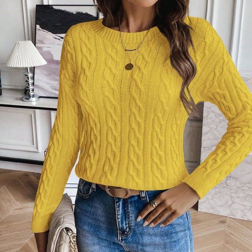 Pull ample à col rond et manches bouffantes, modèle casual avec torsades - SHEIN - Modalova