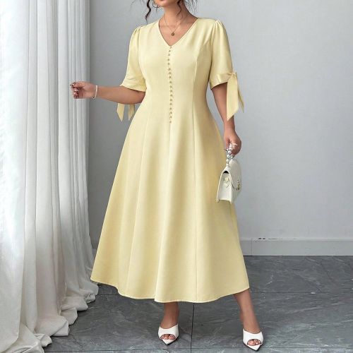 Robe élégante à manches courtes col V nœud papillon couleur unies grandes tailles - SHEIN - Modalova