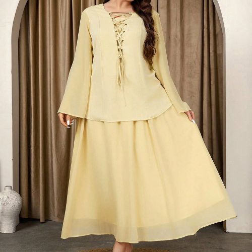 Ensemble deux pièces grande taille grande, chemise à manches longues nouée traditionnelle élégante et conservatrice de couleur jaune huile avec j - SHEIN - Modalova
