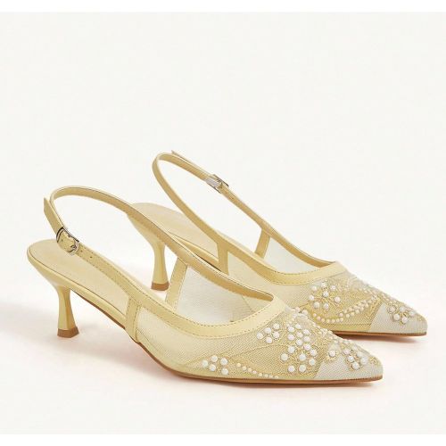 Escarpins à talons hauts aiguilles élégants avec bride à la cheville, bout pointu, en maille brodée jaune pâle avec perles,s - SHEIN - Modalova