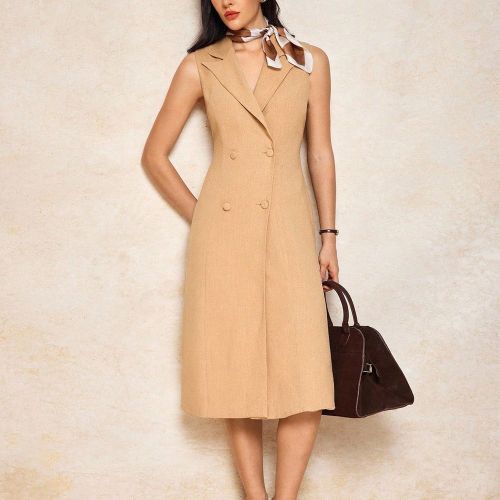 Robe de tailleur mi-longue à double boutonnage col châle en mélange de lin jaune doré. Vêtements d'été décontractés, tenue d'automne chic, te - SHEIN - Modalova
