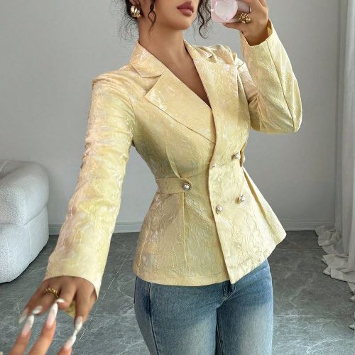 Élégante vestes à manches longues, taille fine, double boutonnage, en tissu jacquard texturé brillant, style chic citadin, pour le printemps/autom - SHEIN - Modalova