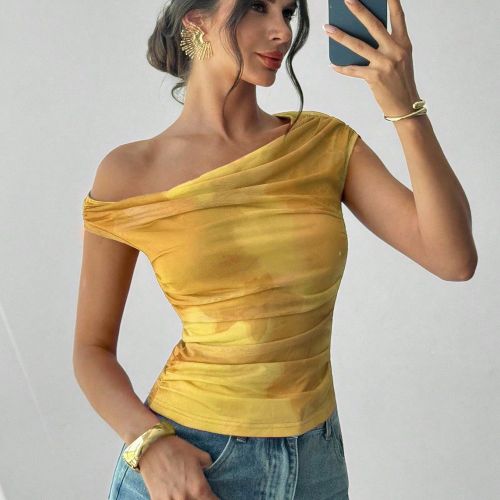 T-shirt asymétrique à col avec imprimé dégradé et froncé, Top asymétrique aux épaules, convient pour le printemps/été, la plage, les déplac - SHEIN - Modalova