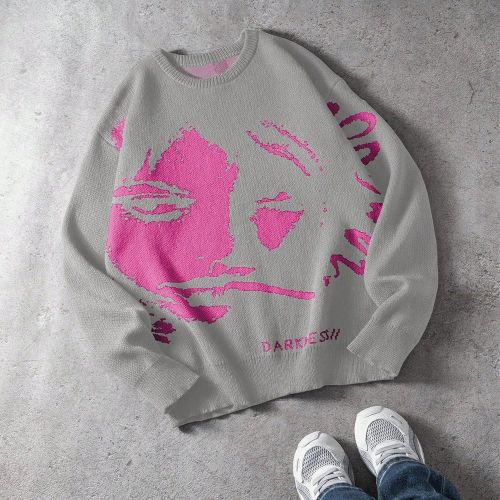 Pull ample à col rond en tricot avec motif portrait décontractés, automne/hiver - SHEIN - Modalova