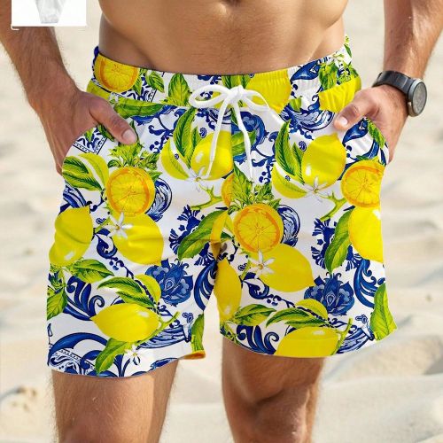 Short de plage à motif citron, fabriqué en tissu maille et convenant pour la baignade, les vacances, l'entraînement, le cadeau, Hawaï - SHEIN - Modalova