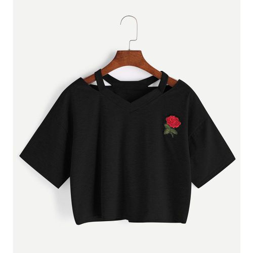 Tee-shirt coupé col en V avec des pièces des roses - SHEIN - Modalova