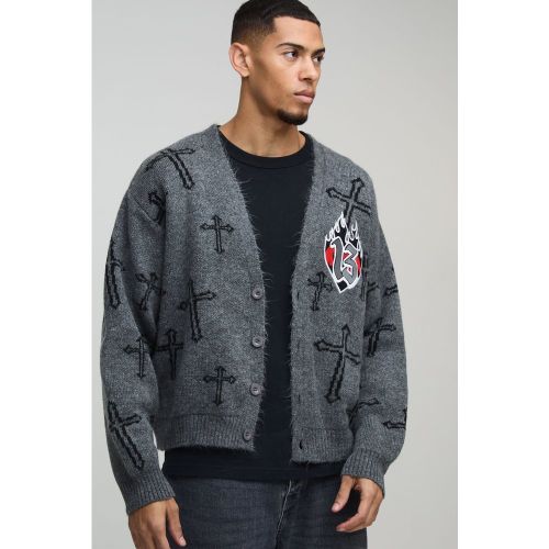 Cardigan oversize en maille brossée à imprimé croisé - L - Boohooman - Modalova