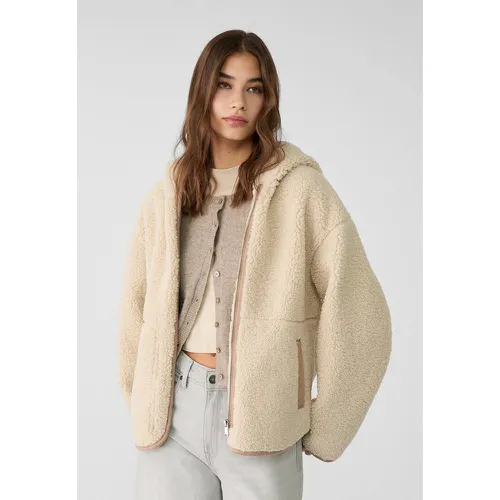 Blouson à capuche effet mouton synthétique Écru XS - Stradivarius - Modalova