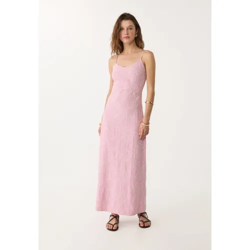 Robe longue brodée lin XS - Stradivarius - Modalova