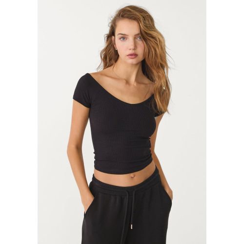 T-shirt à col en V en maille côtelée XS - Stradivarius - Modalova
