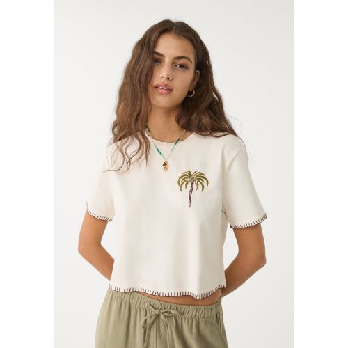 T-shirt court brodé palmier Écru XS - Stradivarius - Modalova