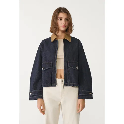Blouson denim en velours côtelé DENIM DÉSENCOLLÉ DÉLAVÉ XS - Stradivarius - Modalova