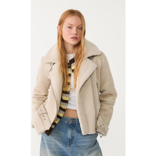 Blouson biker double face en suédine Écru XS - Stradivarius - Modalova
