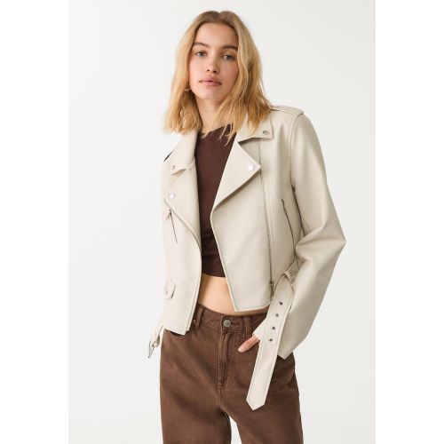 Blouson motard avec ceinture en similicuir Écru XS - Stradivarius - Modalova
