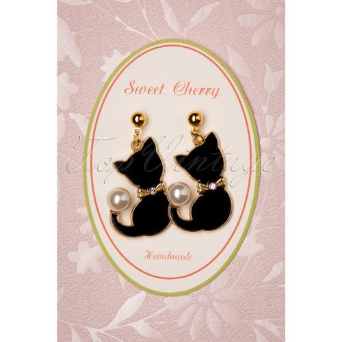 Pearl Cat Drop Earrings Années 50 en Doré - sweet cherry - Modalova