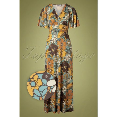 Helene Floral Cross Over Maxi Dress Années 70 en Moutarde et Bleu - vintage chic for topvintage - Modalova
