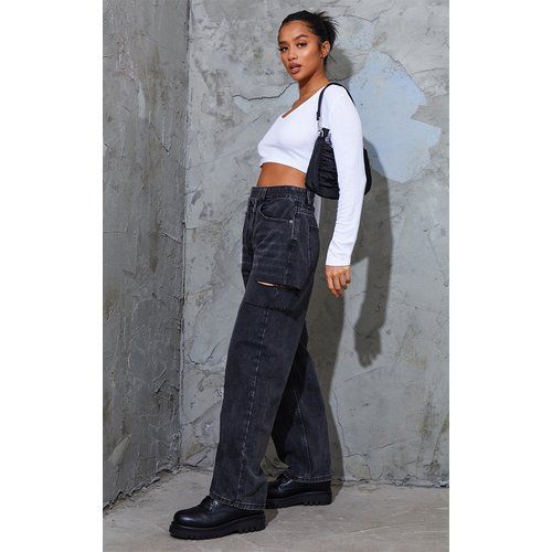 Petite - Jean baggy style boyfriend délavé à taille basse asymétrique et cuisses fendues - PrettyLittleThing - Modalova