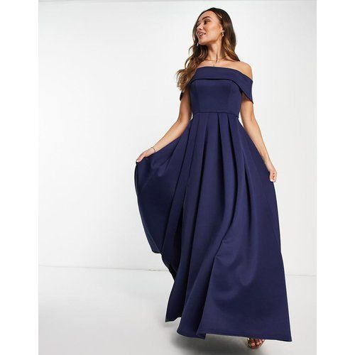 Black Label - Robe de bal de promo longue fendue avec encolure Bardot et poches - Bleu - True Violet - Modalova