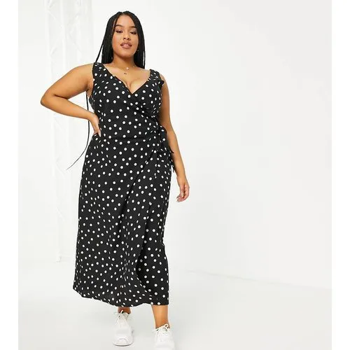 ASOS DESIGN Curve - Robe portefeuille longue en lin à pois - Noir et blanc - ASOS Curve - Modalova