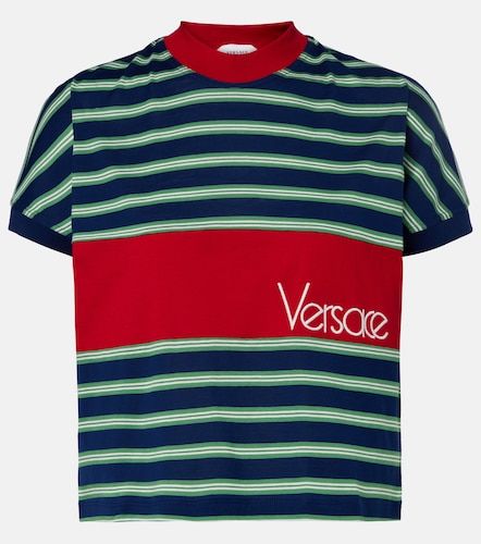 T-shirt en coton rayé à logo brodé - Versace - Modalova