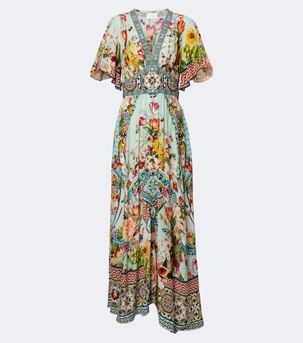 Robe longue en soie à fleurs et ornements - Camilla - Modalova