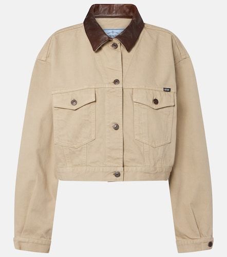 Veste courte en denim à col en cuir - Prada - Modalova
