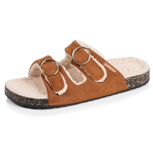 Chaussons Mules Ouvertes Ultra-confortables Patch Talon, En Cuir Camel - Isotoner - Modalova