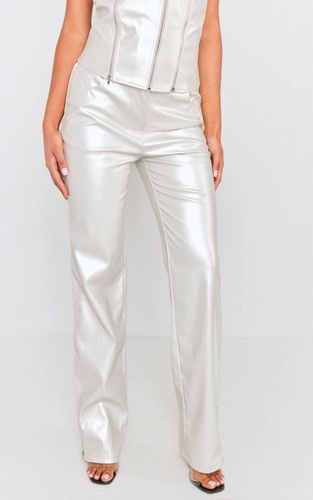 Silver Pantalon Droit Taille Mi-haute En Synthétiquecuir Métallisé | Taille 42 - PrettyLittleThing - Modalova