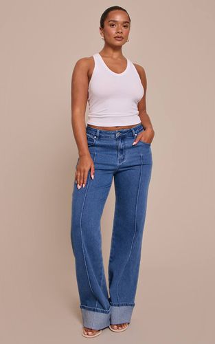 Dark Blue Jean Large Taille Haute En Denim Stretch Avec Pinces Et Ourlet Retroussé Shape | Taille 36 - PrettyLittleThing - Modalova