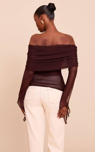 Deep Chocolate Haut En Mesh À Détail De Manches Extrêmes Et Col Drapé | Taille 32 - PrettyLittleThing - Modalova